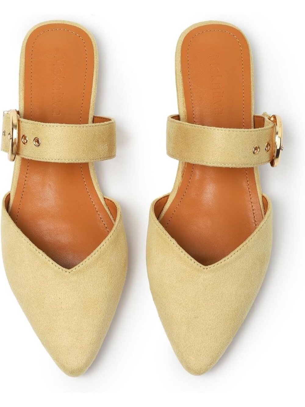 Women's Butter Yellow Pointed Toe Mules Adjustable Strap Synthetic Slip On Shoes